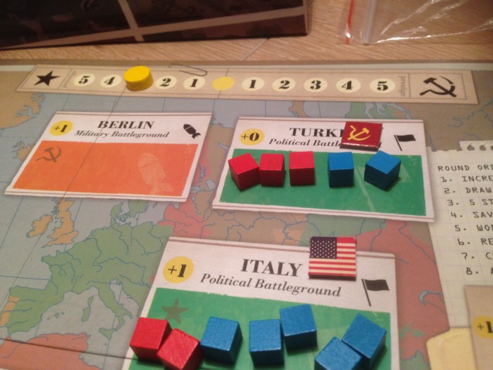 USA sin hemmelige agenda er Italia som gir 4 poeng, mens USSR sin hemmelige agenda er Tyrkia som kun gir et prestisjepoeng. Dermed leder USA med 3 prestisje.